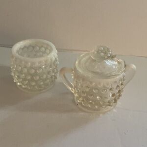 Fenton Opalescent Moonstone Glass Hobnail Sugar and Creamer Set